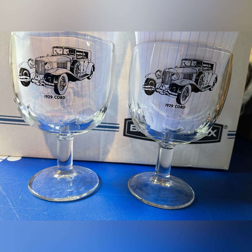 PAIR of Vintage clear glass Thumbprint goblets- 1929 Cord Auburn Autos Cars EUC.